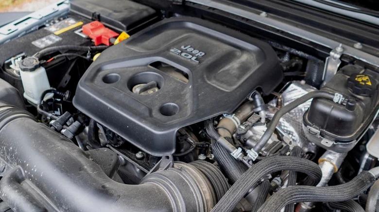 A clear view of the 2.0L Turbocharged Inline-4 engine beneath the hood of a vehicle.