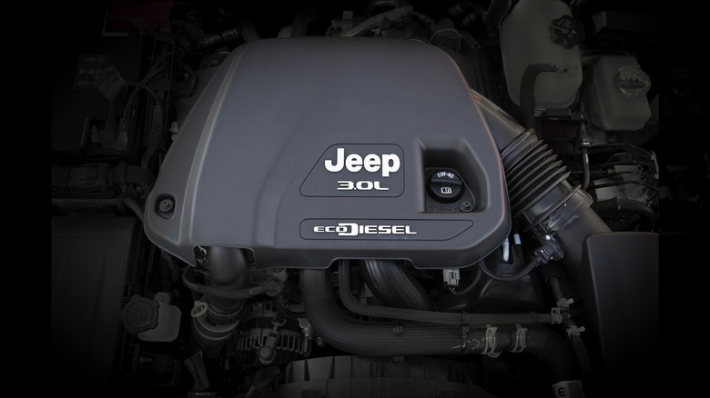 A clear view of the 3.0L EcoDiesel V6 engine on display.
