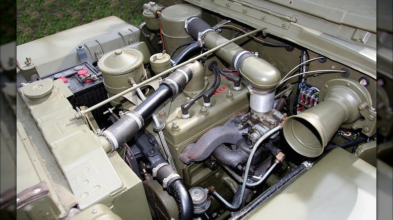 A clear view of the Willys Go-Devil beneath the hood of the Willys MB