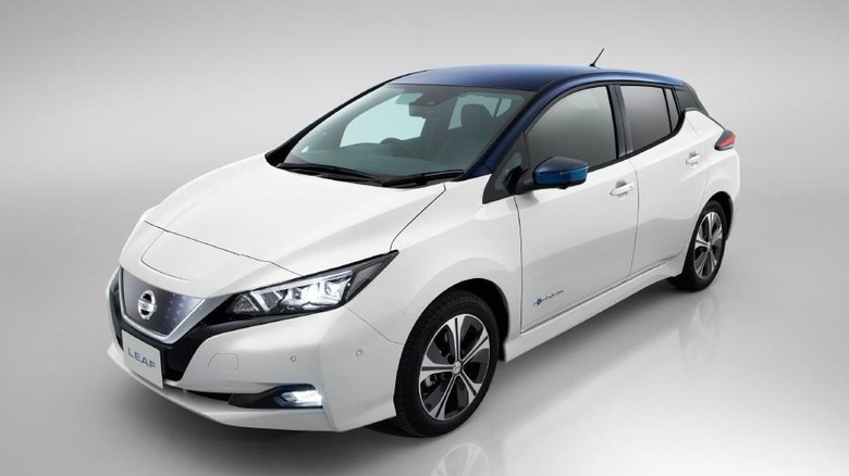 2017 Nissan Leaf in white with a blue roof, on a white background