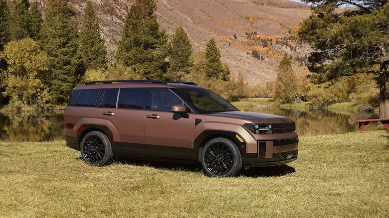 "2025 Hyundai Santa Fe SUV in matte brown parked on grass near a calm lake