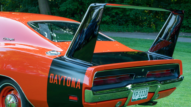 A 1969 Dodge Charger Daytona HEMI's massive weird rear wing on display