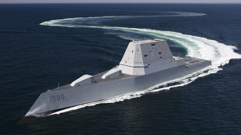 USS Zumwalt seen from above left during sea trials