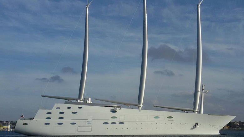 Sailing Yacht A seen from the left in a harbor
