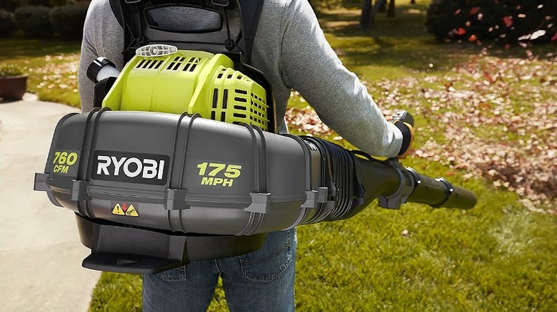 Man carrying a backpack leaf blower to clear dead leaves in the lawn.