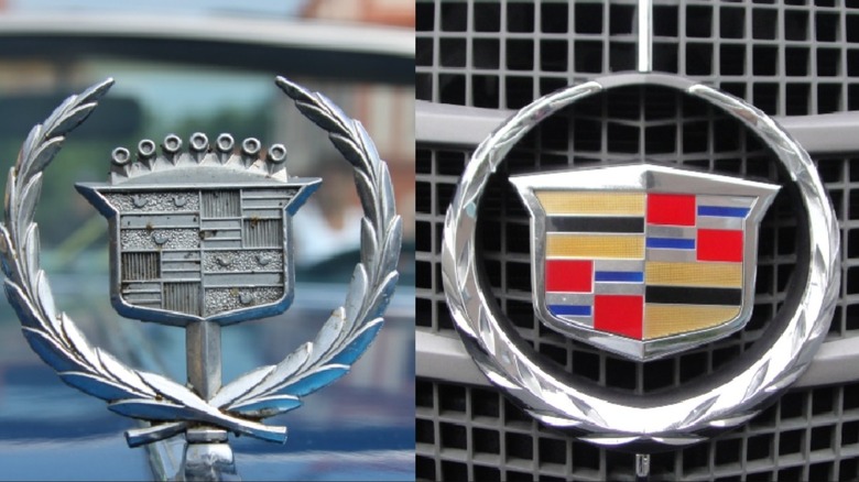 Old monochrome Cadillac logo on the left, newer colorful logo on the right