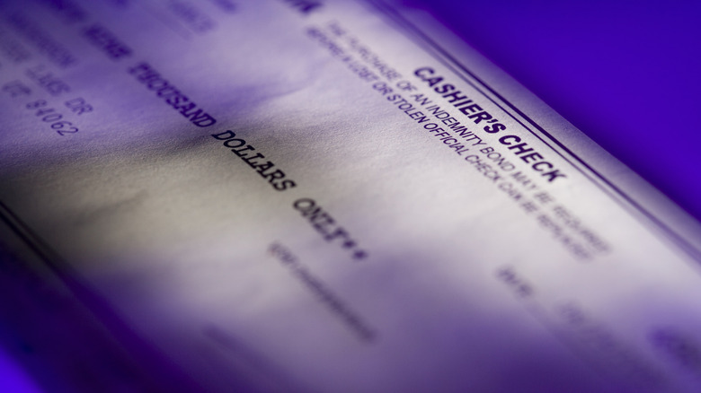 closeup of a cashier's check