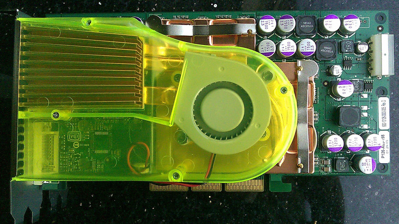 A close up of the cooler on a GeForce FX 5800 graphics card