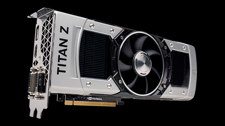 An Nvidia Titan Z graphics card on a black background