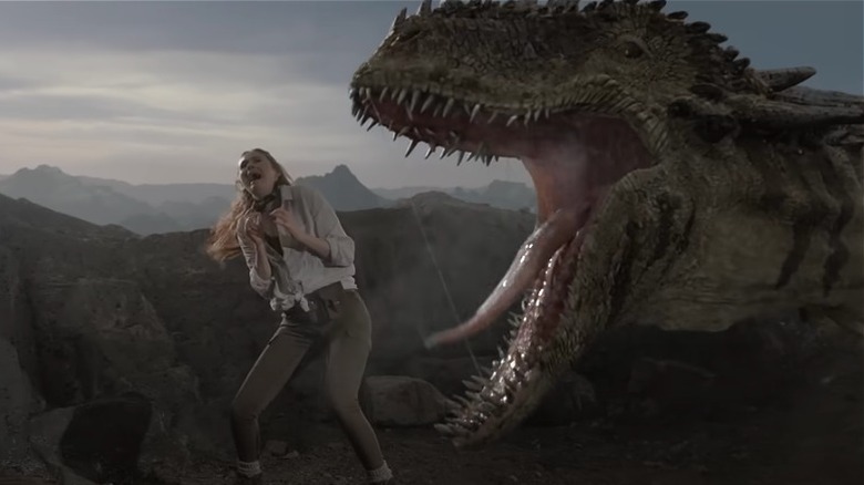 Karen Gillan screaming dinosaur