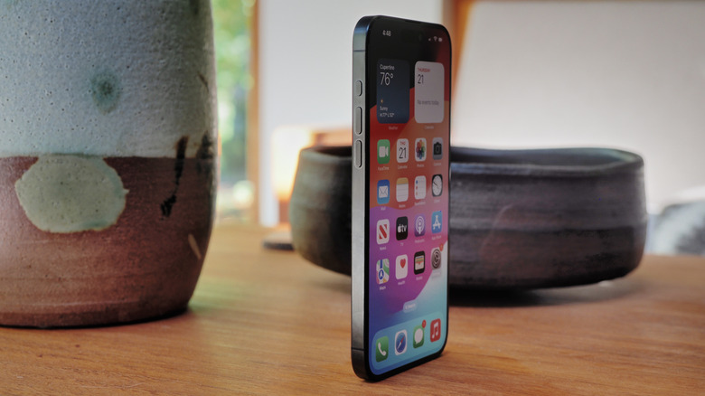 iPhone 15 Pro Max propped up vertically on a table with pottery in the background