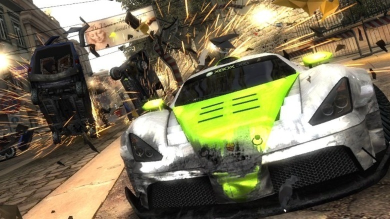 A car racing through destroyed vehicles in Burnout Revenge