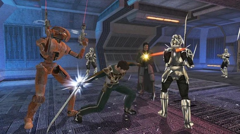 The protagonist in KOTOR fighting enemies