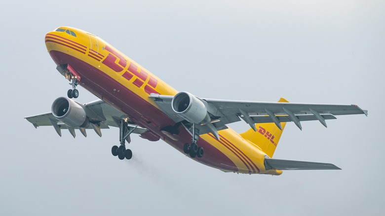 A DHL Airbus 300 cargo plane taking off from Amsterdam Airport