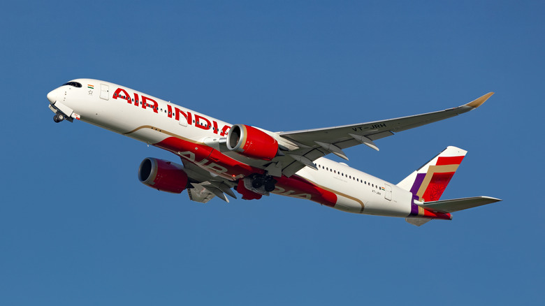 An Air India Airbus 350 taking off from Heathrow Airport, London, U.K.