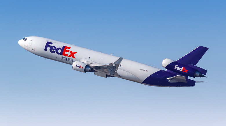 A FedEx McDonnell Douglas MD-11 flying from Dubai International Airport, U.A.E