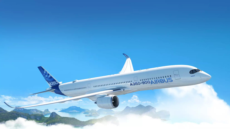 Airbus A350-900 aircraft flying above tropical islands, featuring sleek design, curved wingtips, and fuel-saving twin-engines