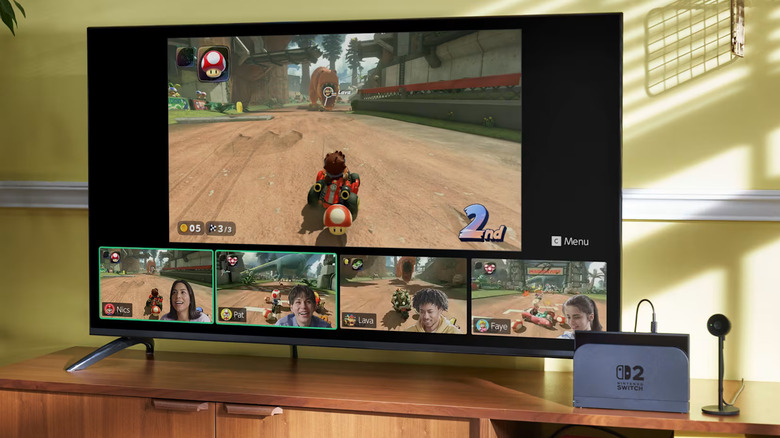 Nintendo Switch 2 docked in front of a TV while playing games