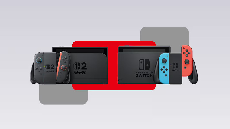 Two docked Nintendo Switch 2 consoles on a gray background