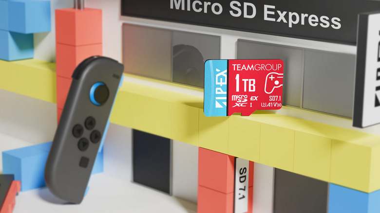 A micro SD card express on a shelf next to Nintendo Switch Joy-Cons