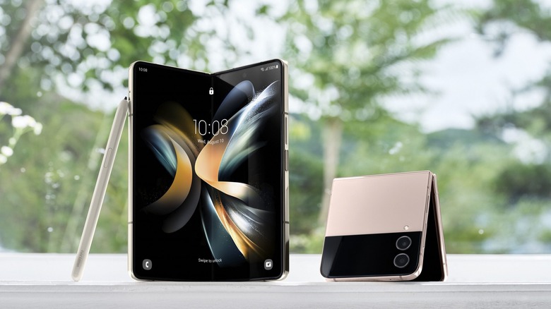 The Galaxy Z Fold 4 and Z Flip 4 5G displayed on a windowsill 