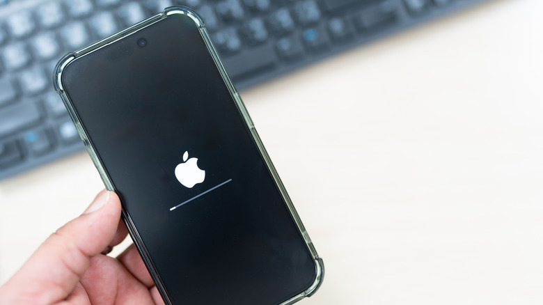An iPhone with the Apple logo and a progress bar