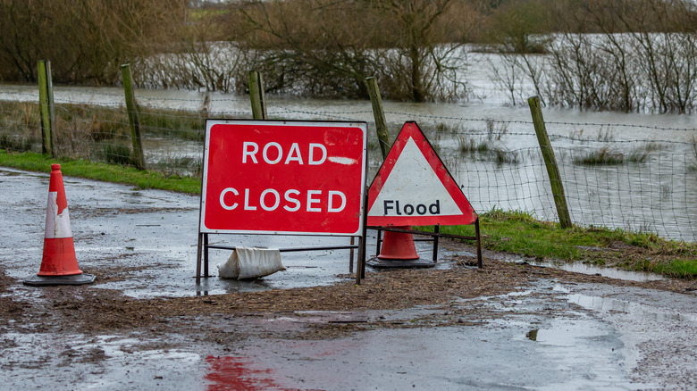 British rural road closed due to bad weather