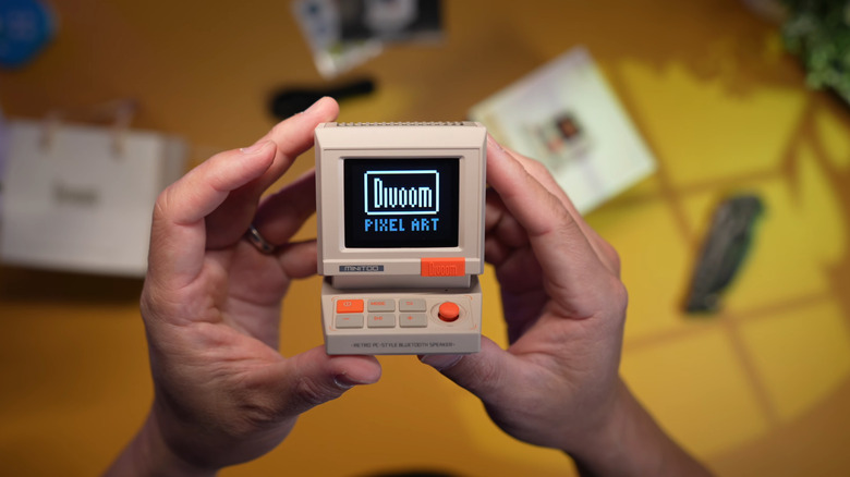 A close up shot of the Divoom MiniToo Retro Computer Speaker