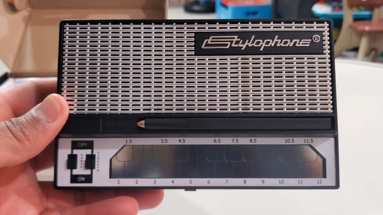 A close up shot of the Stylophone Pocket Electronic Synthesizer