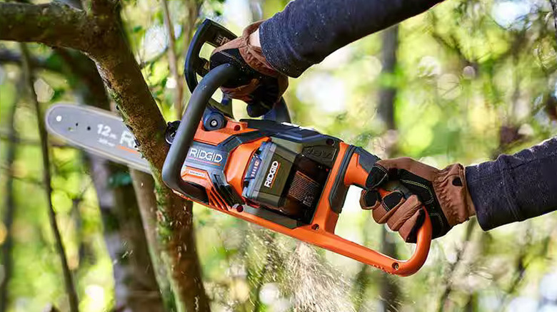 Ridgid chainsaw cuts through branch