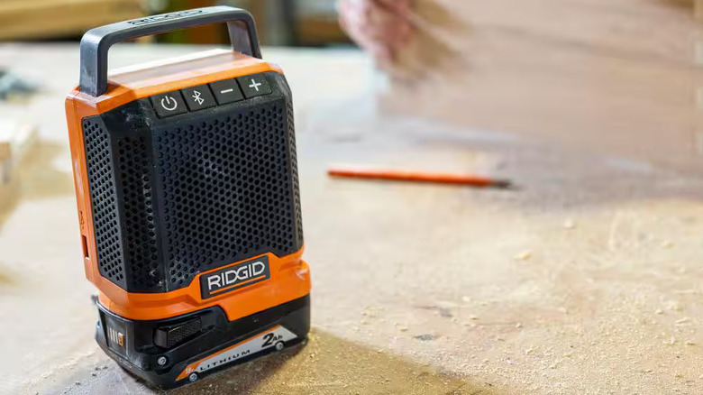 Ridgid Bluetooth speaker on a worktop