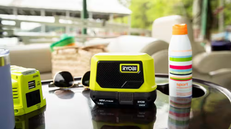 Ryobi Bluetooth speaker on table