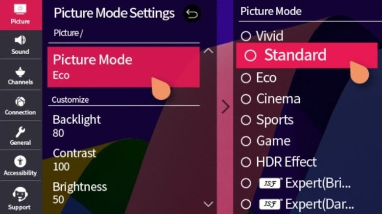 Picture Modes in an LG TV menu
