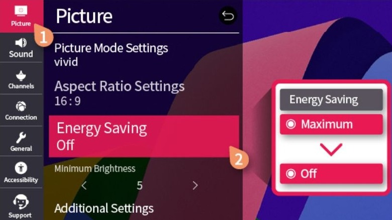 Editing the Energy Saving menu of a TV picture setting