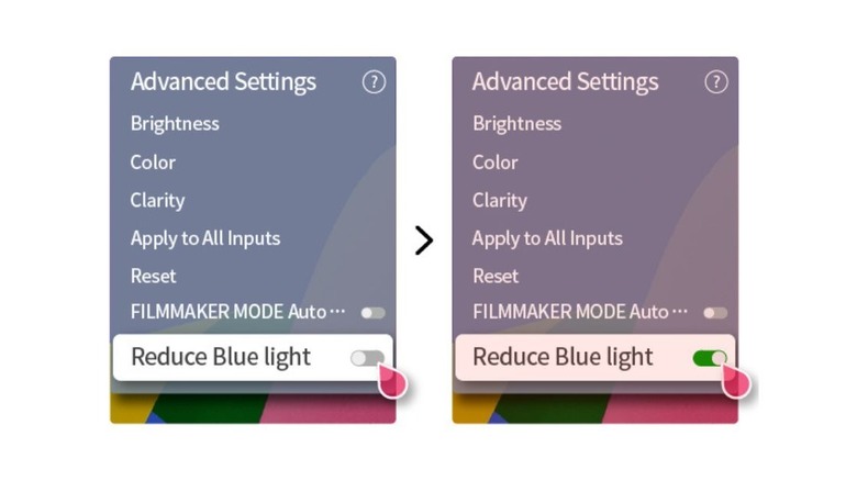 Toggling the Reuce Blue light option in a TV's settings