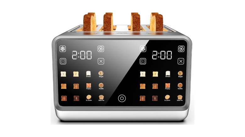 Digital toaster showing four slices of bread inserted and display features