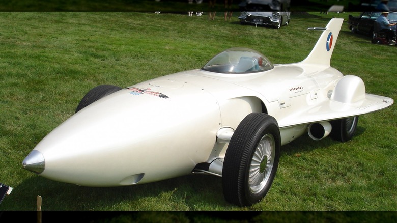The General Motors Firebird I XP-21 parked on the grass