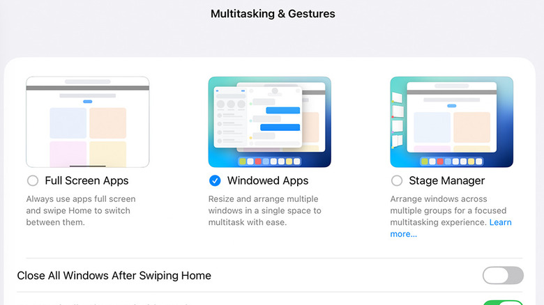iPad multitasking and gesture settings, White background