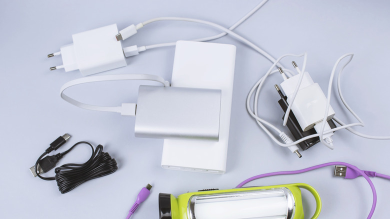 Assorted electronics cables on a table.
