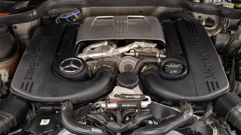 A closeup of the Mercedes G-Class V8 biturbo engine