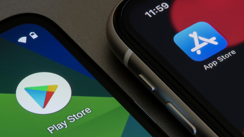 Google Play Store and Apple App Store installed on phones