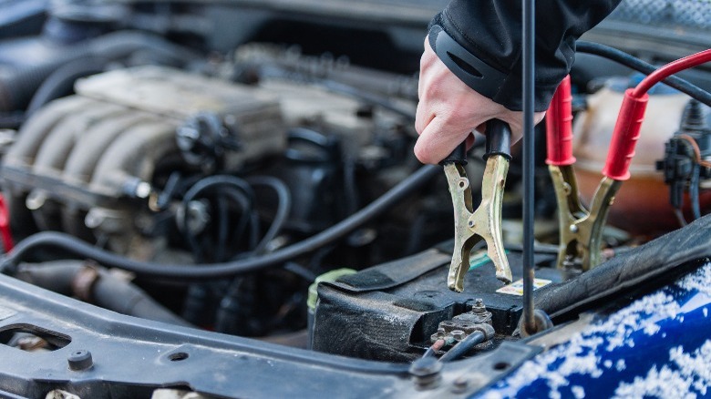 Jumper cables on a battery