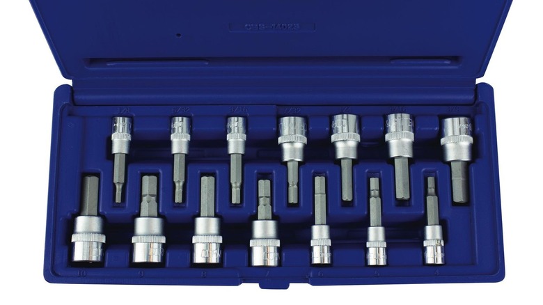 A close-up of a 14-piece Hex Bit Socket Set from Cornwell in a blue case.