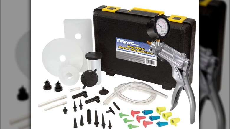 A product photo of the Mityvac Silverline Elite Automotive Kit MV8500 automotive kit, showing a vacuum/pressure pump and all its accessories.