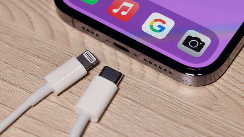 USB-C and Lightning cables with iPhone