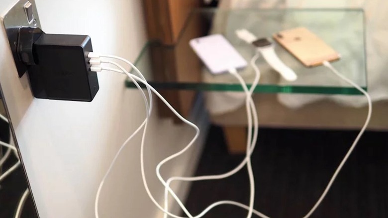 Mophie Powerstation Hub plugged in and connected to multiple devices.