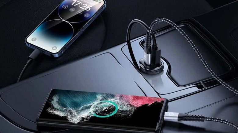 Syncwire 60W Car Charging Adapter charging two smartphones.