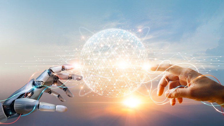illustration of robot and human hand