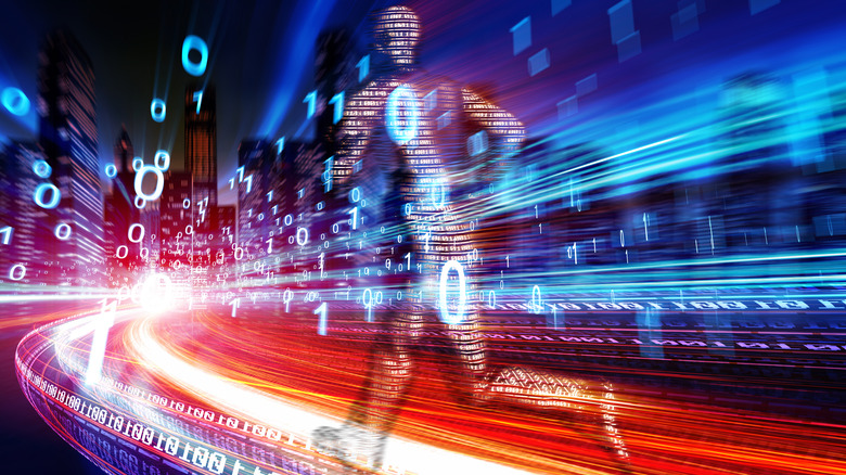ai man running through binary numbers