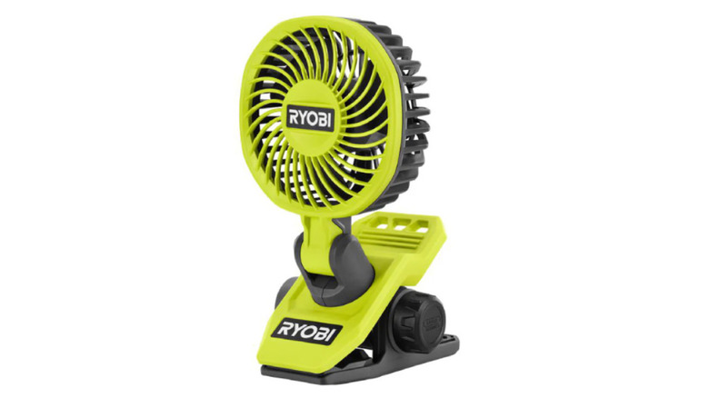 The Ryobi USB Lithium Clamp Fan on a white background
